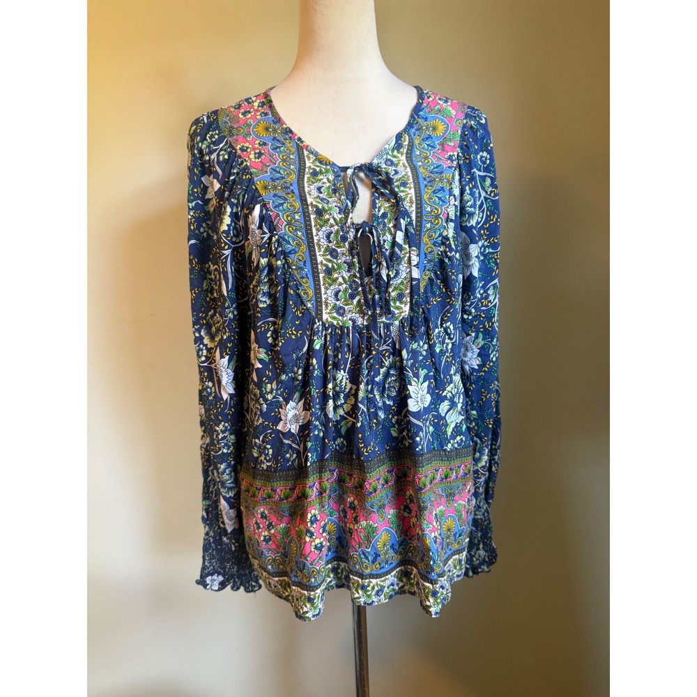 Boho Blue Floral Paisley whimsi Blouse XL Top pink dainty cottage fairy beach fl